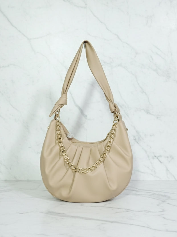 Beige Slouchy Knot Handle Crescent Bag