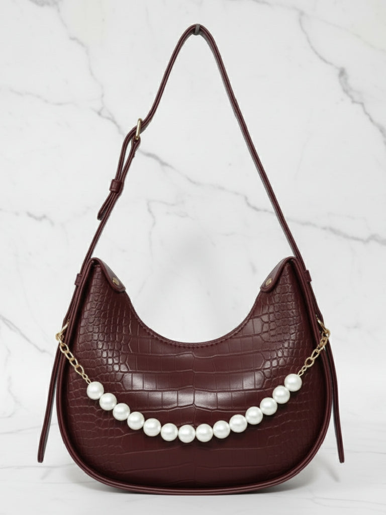 Chocolate Faux Croc Hobo Bag with Pearl Embellishment