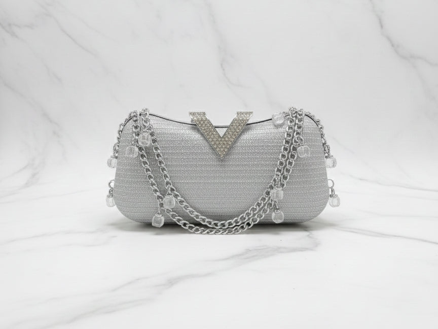 Silver Double Chain Brooch Clutch