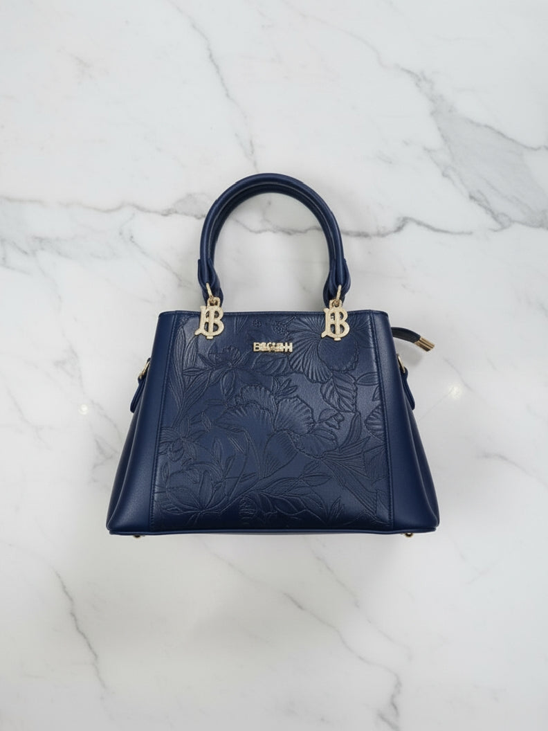 Blue Floral Embossed Top-Handle Satchel Handbag