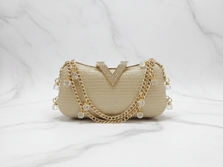 Golden Double Chain Brooch Clutch