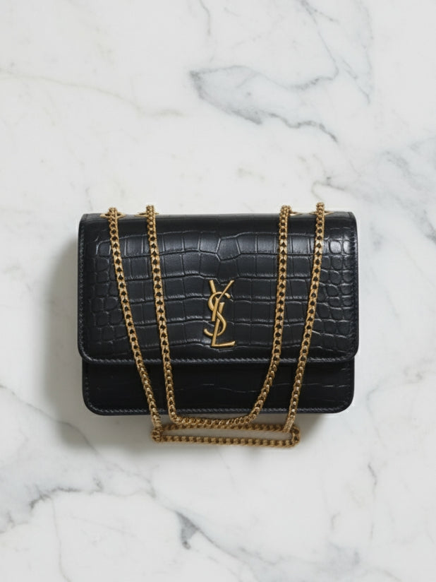 Black Crocodile Faux Leather Boxy Bag