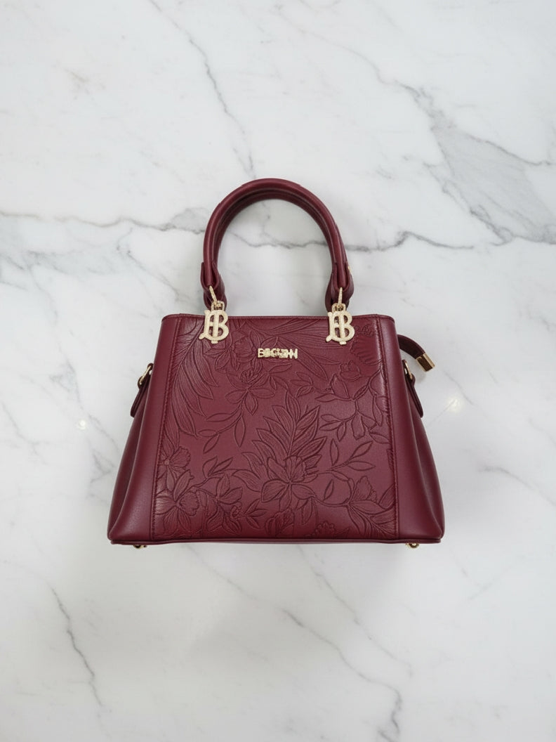 Maroon Floral Embossed Top-Handle Satchel Handbag