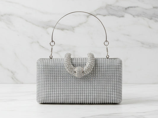 Silver Rhinestone Brooch Clutch