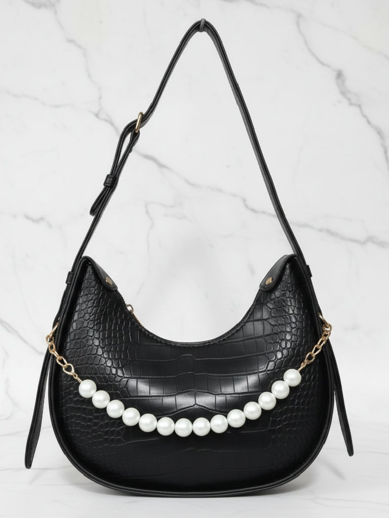 Black Faux Croc Hobo Bag with Pearl Embellishment