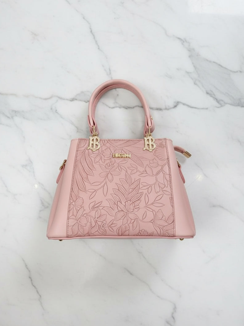 Pink Floral Embossed Top-Handle Satchel Handbag