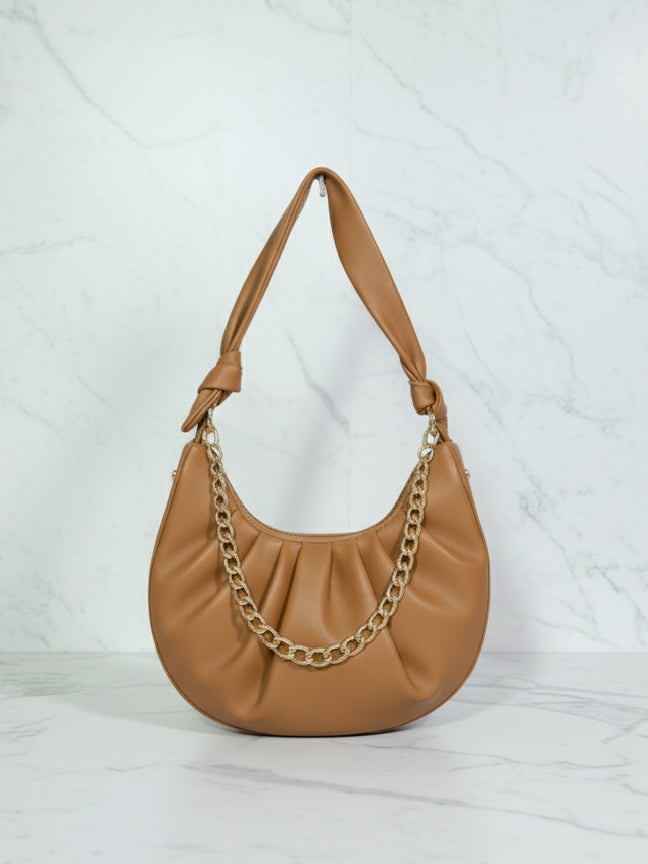 Tan Slouchy Knot Handle Crescent Bag