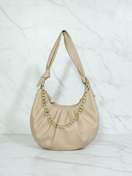 Beige Slouchy Knot Handle Crescent Bag