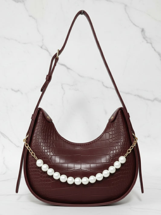 Chocolate Faux Croc Hobo Bag with Pearl Embellishment