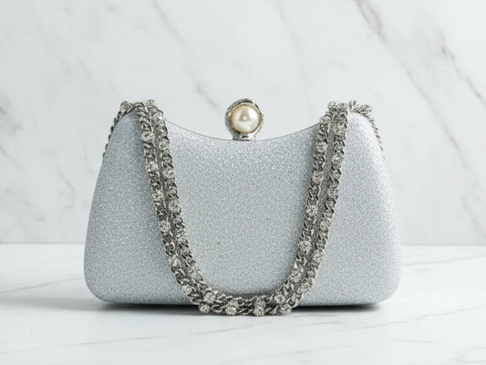 Silver Rhinestone Chain Pearl Clutch