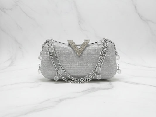 Silver Double Chain Brooch Clutch