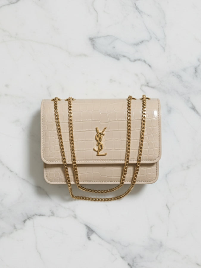 Beige Crocodile Faux Leather Boxy Bag