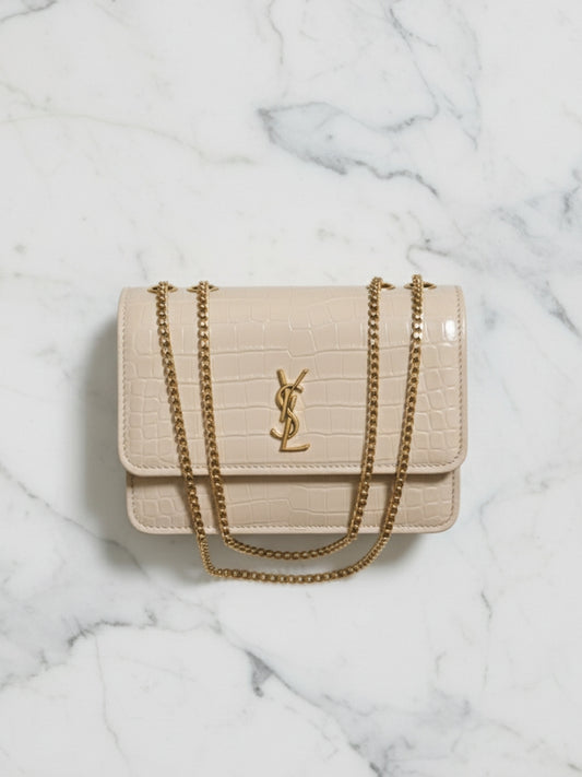 Beige Crocodile Faux Leather Boxy Bag