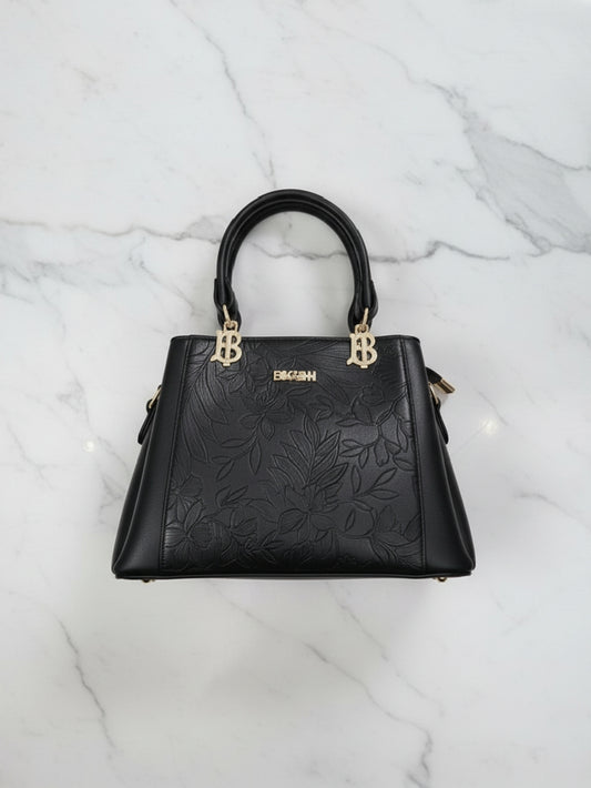 Black Floral Embossed Top-Handle Satchel Handbag
