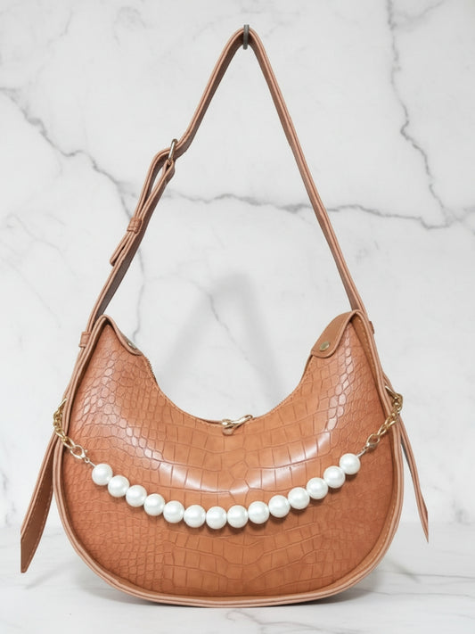 Tan Faux Croc Hobo Bag with Pearl Embellishment
