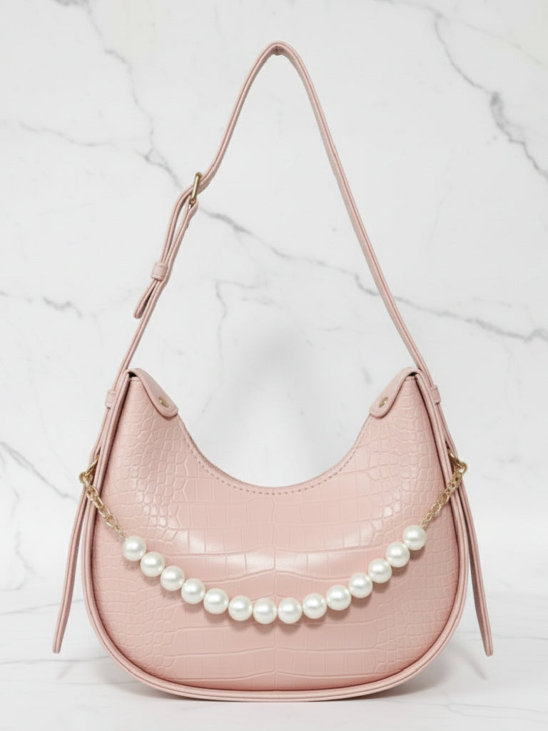 Pink Faux Croc Hobo Bag with Pearl Embellishment
