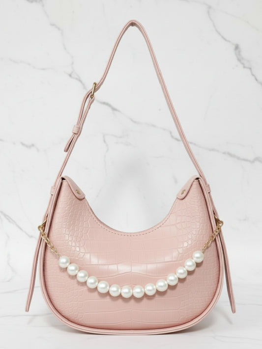 Pink Faux Croc Hobo Bag with Pearl Embellishment