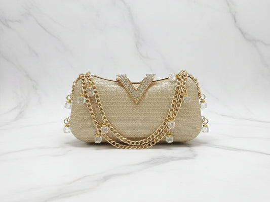 Golden Double Chain Brooch Clutch
