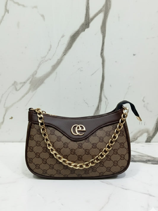 Chocolate Monogram Print Chain Shoulder Bag