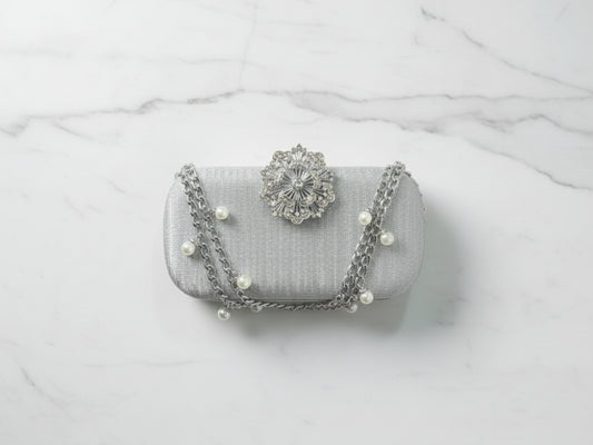 Silver Double Chain Floral Clutch