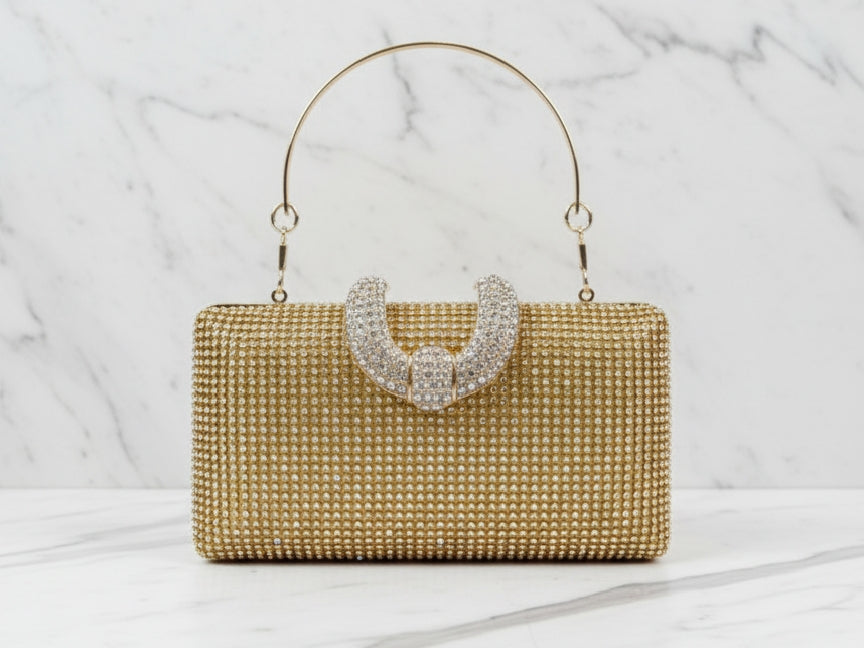 Golden Rhinestone Brooch Clutch