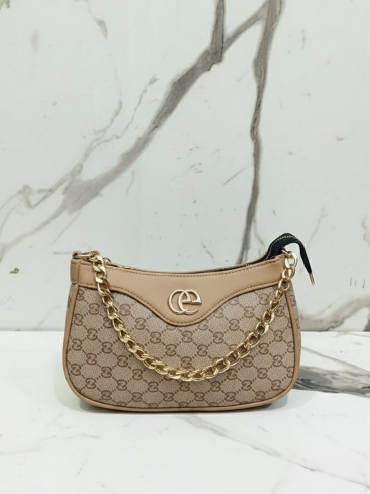 Beige Monogram Print Chain Shoulder Bag