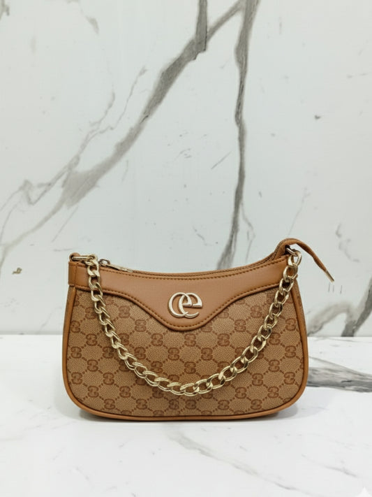 Tan Monogram Print Chain Shoulder Bag
