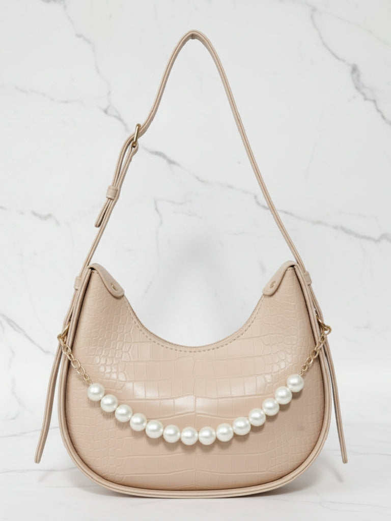 Beige Faux Croc Hobo Bag with Pearl Embellishment