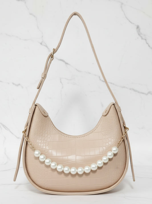 Beige Faux Croc Hobo Bag with Pearl Embellishment