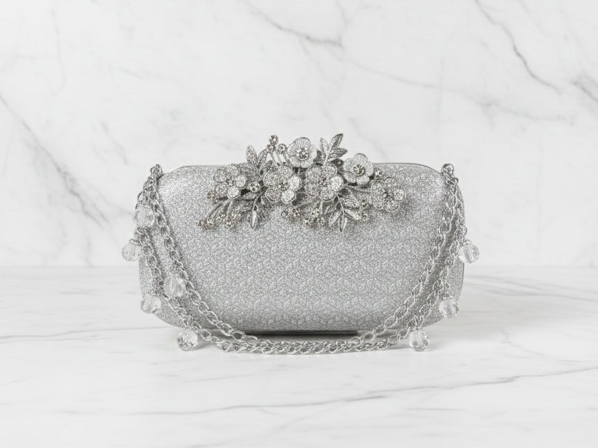 Silver Double Chain Clutch