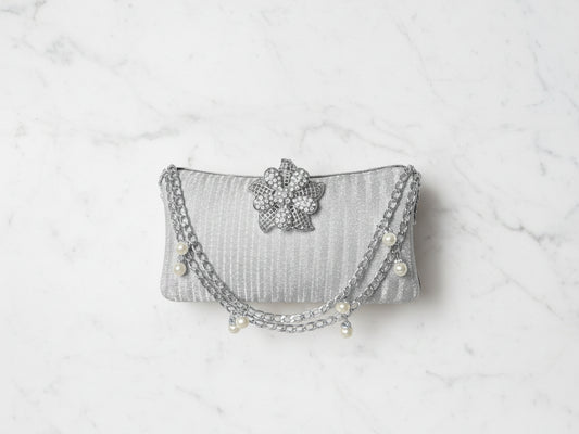Silver Double Chain Floral Clutch