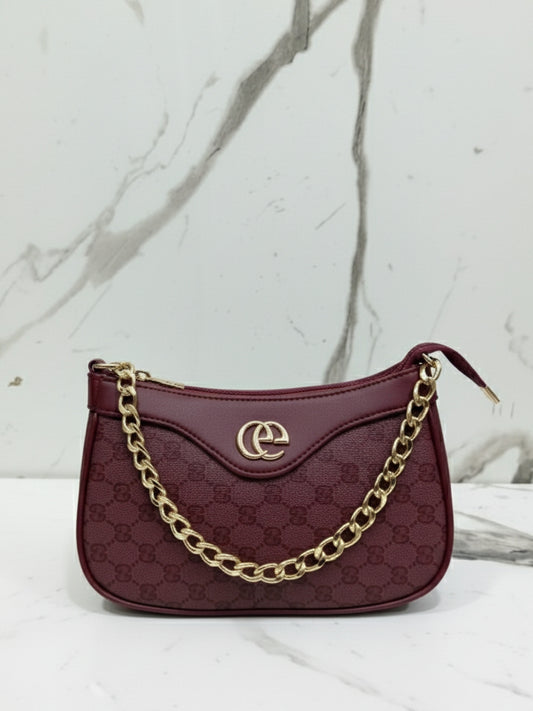 Maroon Monogram Print Chain Shoulder Bag