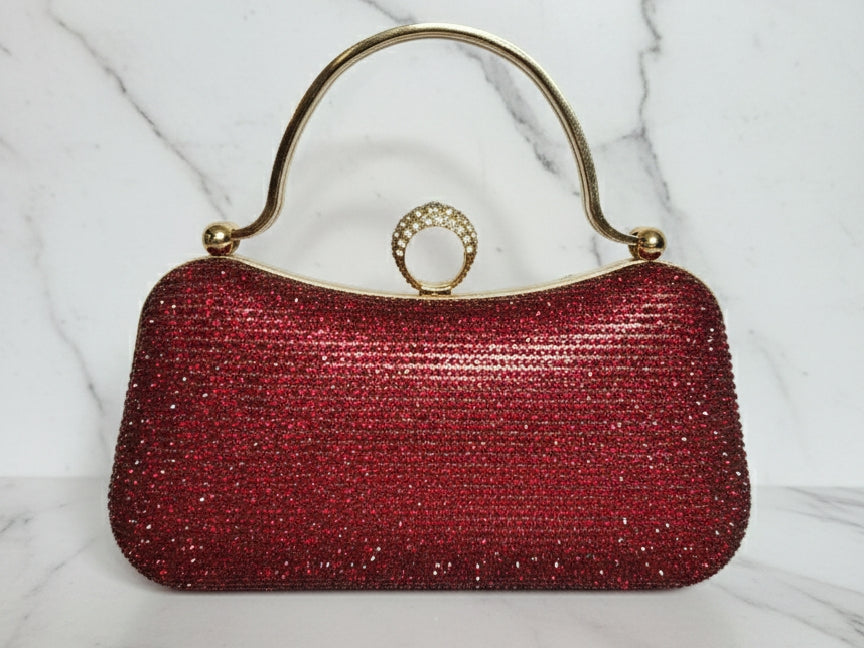 Maroon Double Side Rhinestone Double Handle Clutch