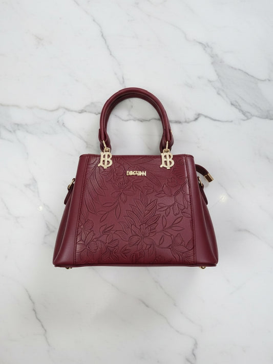 Maroon Floral Embossed Top-Handle Satchel Handbag
