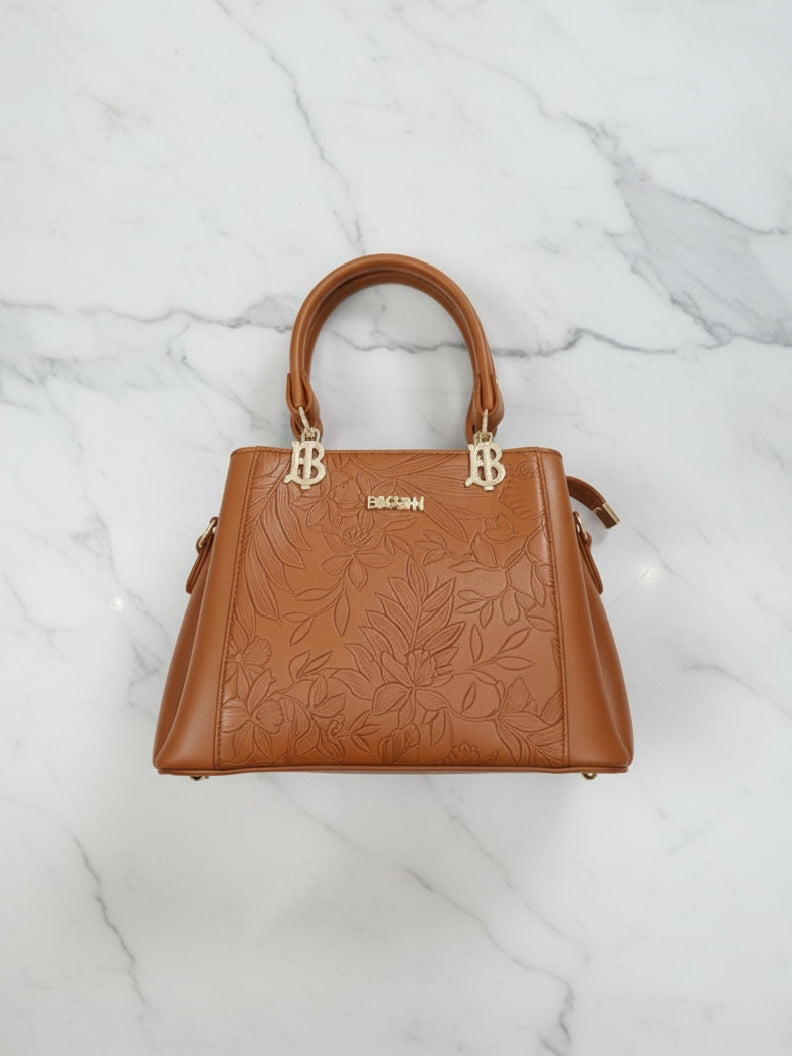 Tan Floral Embossed Top-Handle Satchel Handbag
