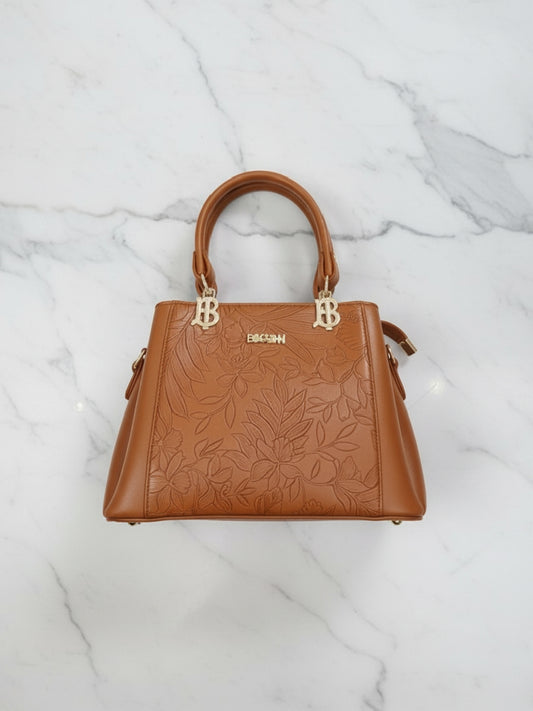 Tan Floral Embossed Top-Handle Satchel Handbag