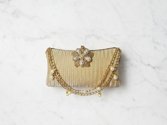 Golden Double Chain Floral Clutch