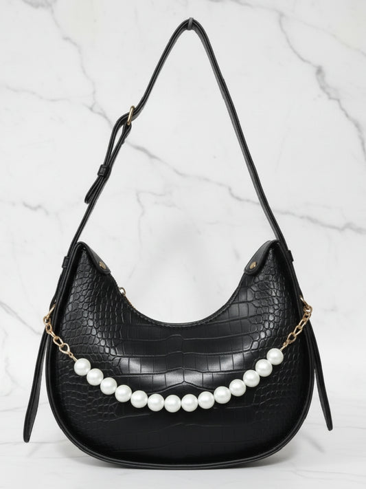Black Faux Croc Hobo Bag with Pearl Embellishment