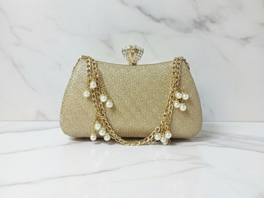Golden Double Pearl Clutch