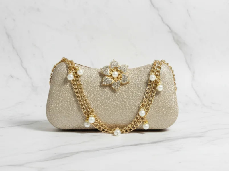 Golden Double Chain Floral Clutch