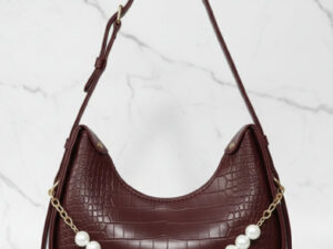 Chocolate Faux Croc Hobo Bag with Pearl Embellishment