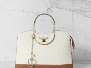 Print Satchel Bag with Round Handles and a Heart Charm