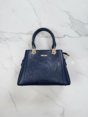 Blue Floral Embossed Top-Handle Satchel Handbag