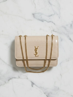 Beige Crocodile Faux Leather Boxy Bag