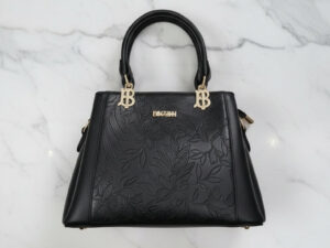 Black Floral Embossed Top-Handle Satchel Handbag