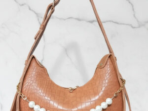 Tan Faux Croc Hobo Bag with Pearl Embellishment