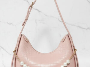 Pink Faux Croc Hobo Bag with Pearl Embellishment