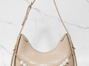Beige Faux Croc Hobo Bag with Pearl Embellishment