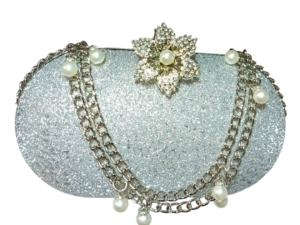 Silver Double Chain Floral Clutch