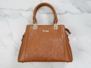 Tan Floral Embossed Top-Handle Satchel Handbag